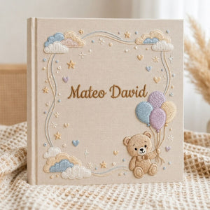 Hand Embroidered Baby Photo Album, Custom Baby Name Album, Teddy Bear Balloon Keepsake Book, Personalized Newborn Gift, Baby Memory Book
