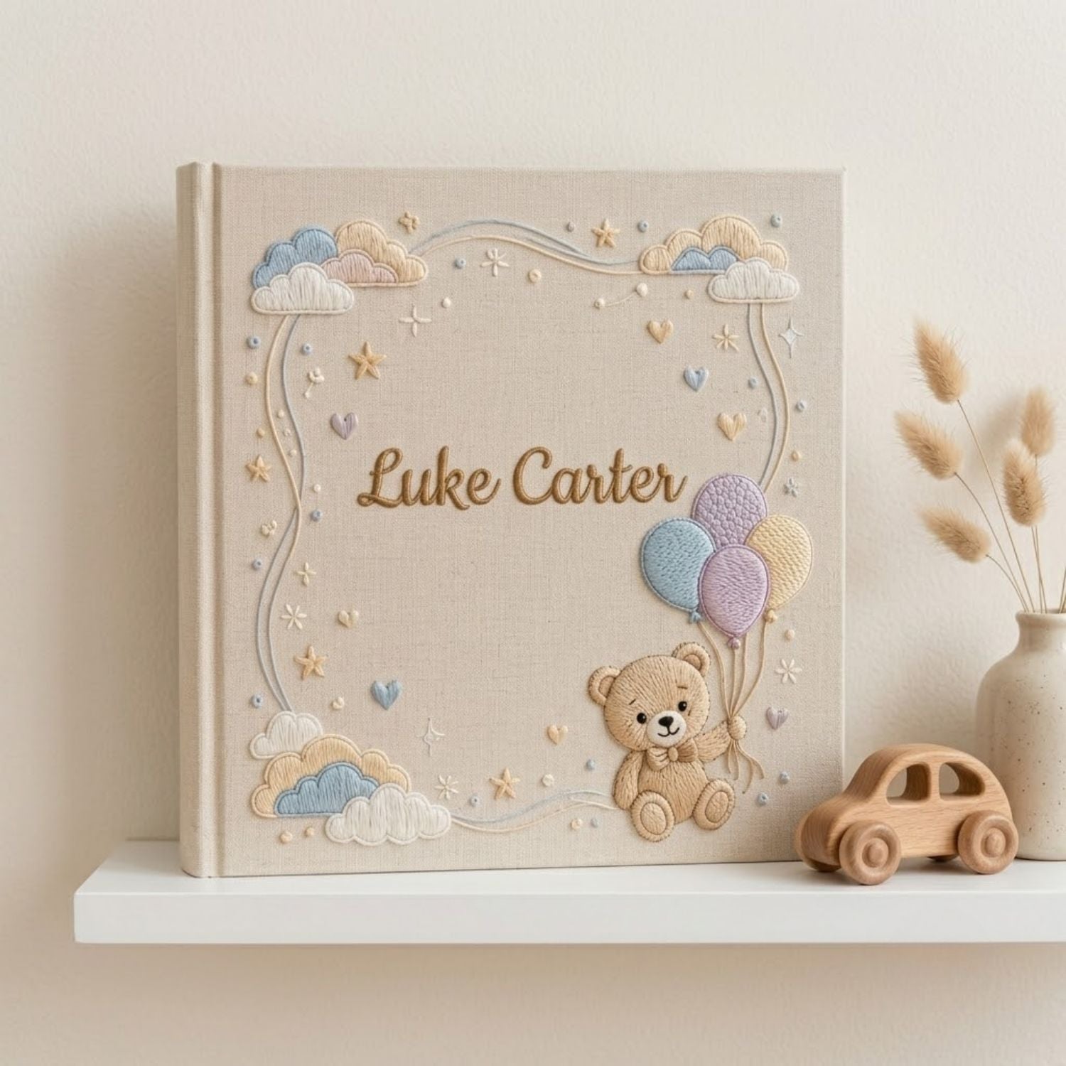 Hand Embroidered Baby Photo Album, Custom Baby Name Album, Teddy Bear Balloon Keepsake Book, Personalized Newborn Gift, Baby Memory Book