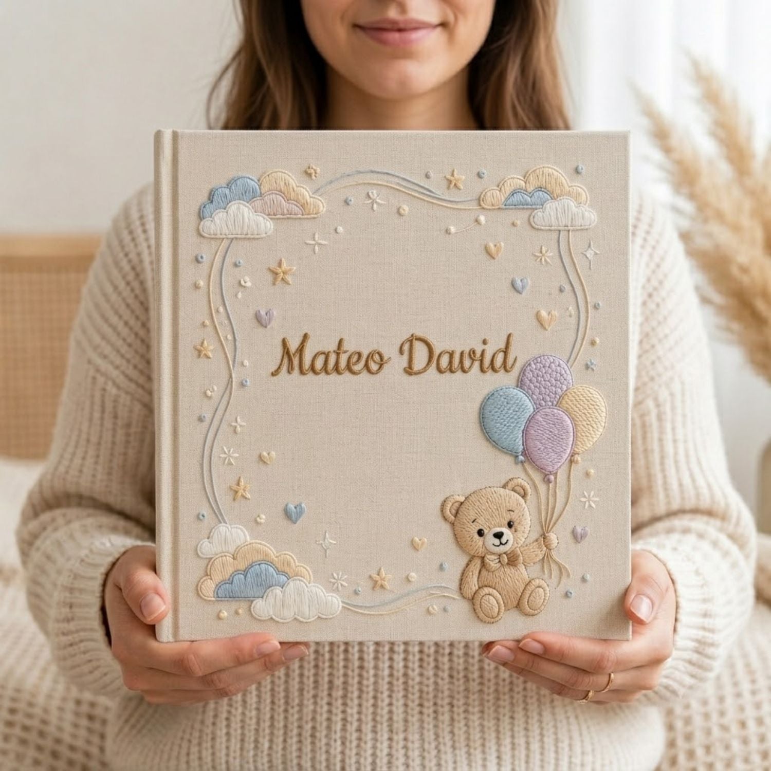 Hand Embroidered Baby Photo Album, Custom Baby Name Album, Teddy Bear Balloon Keepsake Book, Personalized Newborn Gift, Baby Memory Book