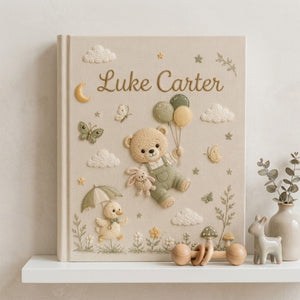 Hand Embroidered Baby Photo Album, Custom Baby Name Album, Teddy Bear Balloon Keepsake, Woodland Nursery Memory Book, Newborn Gift