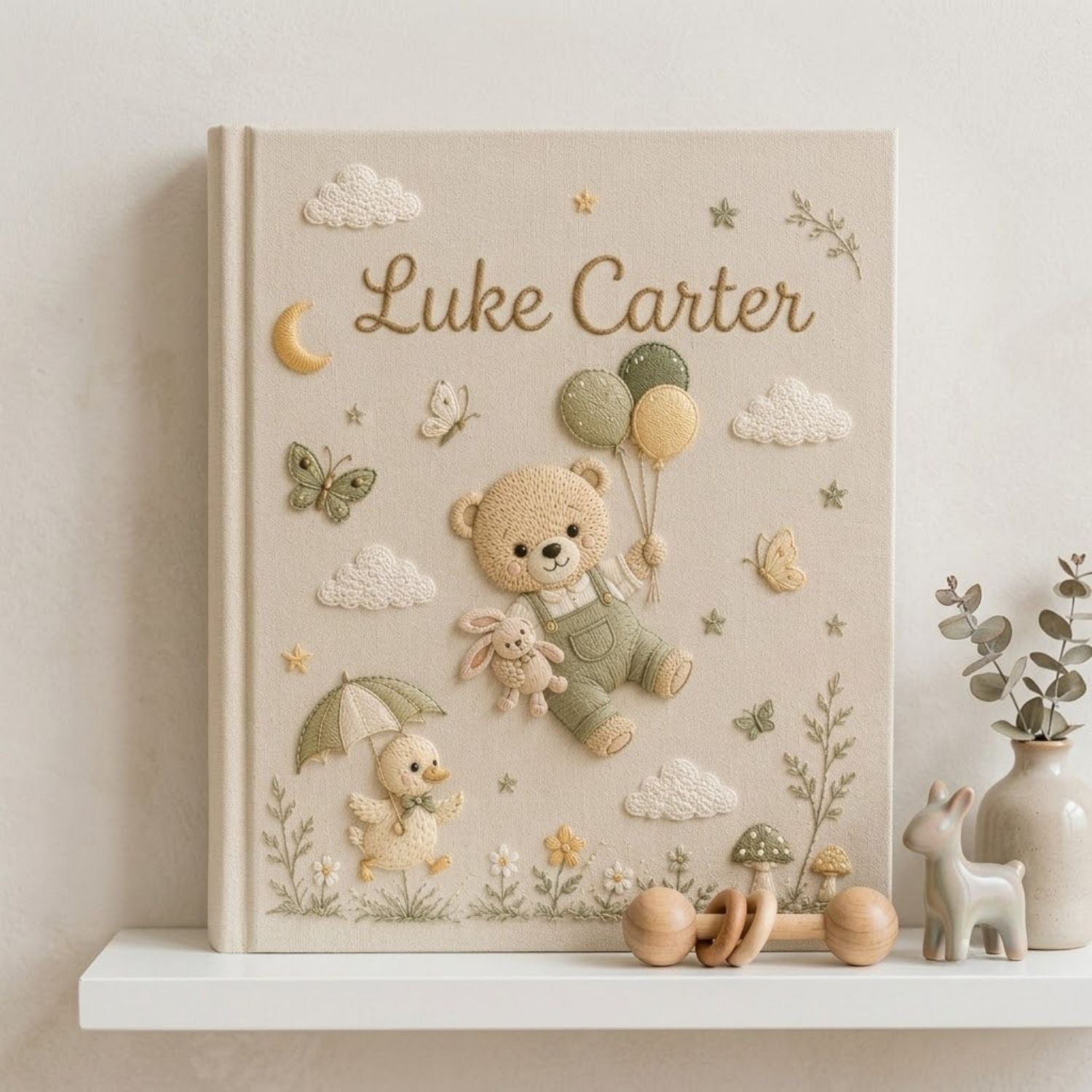 Hand Embroidered Baby Photo Album, Custom Baby Name Album, Teddy Bear Balloon Keepsake, Woodland Nursery Memory Book, Newborn Gift