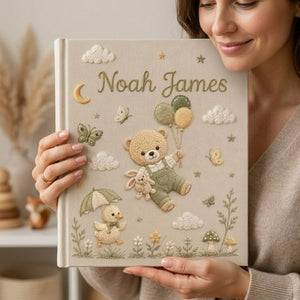 Hand Embroidered Baby Photo Album, Custom Baby Name Album, Teddy Bear Balloon Keepsake, Woodland Nursery Memory Book, Newborn Gift