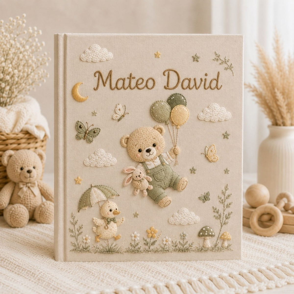 Hand Embroidered Baby Photo Album, Custom Baby Name Album, Teddy Bear Balloon Keepsake, Woodland Nursery Memory Book, Newborn Gift