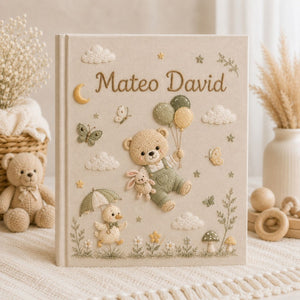 Hand Embroidered Baby Photo Album, Custom Baby Name Album, Teddy Bear Balloon Keepsake, Woodland Nursery Memory Book, Newborn Gift