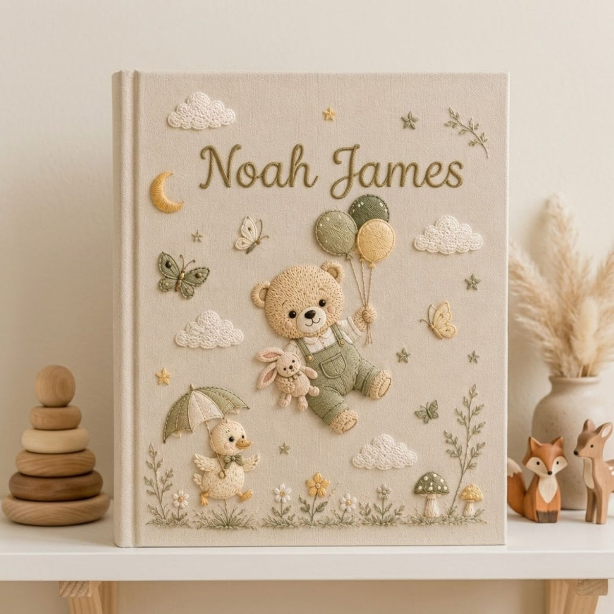 Hand Embroidered Baby Photo Album, Custom Baby Name Album, Teddy Bear Balloon Keepsake, Woodland Nursery Memory Book, Newborn Gift