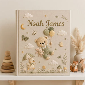 Hand Embroidered Baby Photo Album, Custom Baby Name Album, Teddy Bear Balloon Keepsake, Woodland Nursery Memory Book, Newborn Gift