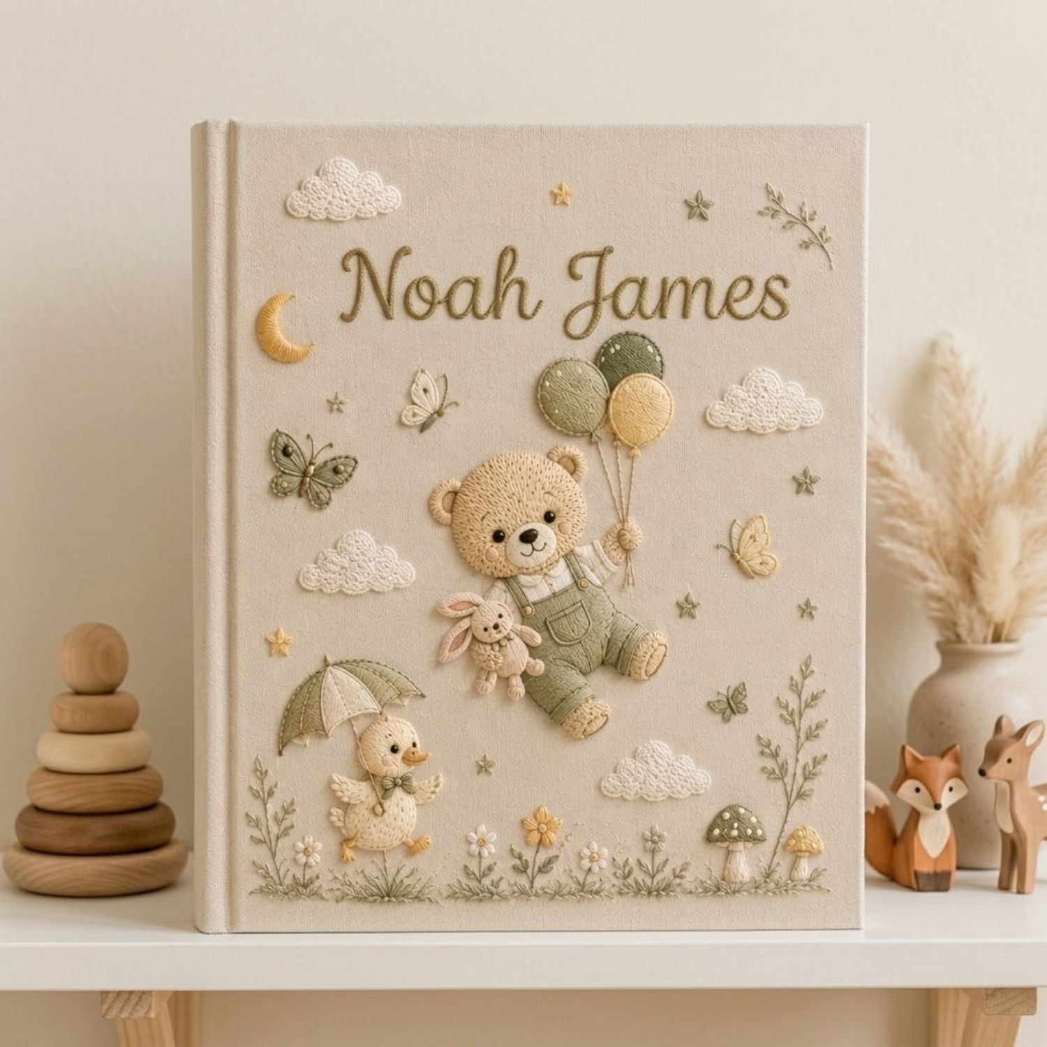Hand Embroidered Baby Photo Album, Custom Baby Name Album, Teddy Bear Balloon Keepsake, Woodland Nursery Memory Book, Newborn Gift