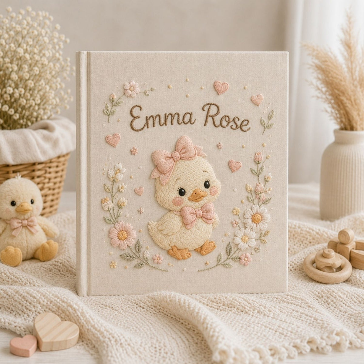 Hand Embroidered Baby Photo Album, Custom Baby Name Album, Pink Duck Keepsake Book, Floral Nursery Memory Album, Baby Girl Gift