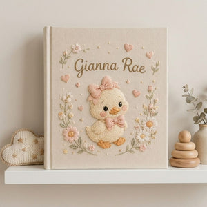 Hand Embroidered Baby Photo Album, Custom Baby Name Album, Pink Duck Keepsake Book, Floral Nursery Memory Album, Baby Girl Gift