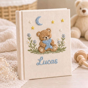 Personalized Baby Photo Album, Hand Embroidered Dinosaur Memory Book, Custom Name Keepsake, Woodland Nursery Gift, Newborn, Baby Shower Gift