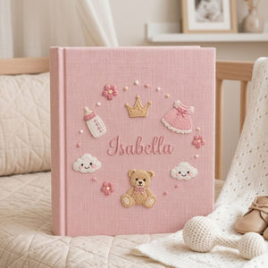 Personalized Baby Photo Album, Hand Embroidered Dinosaur Memory Book, Custom Name Keepsake, Woodland Nursery Gift, Newborn, Baby Shower Gift