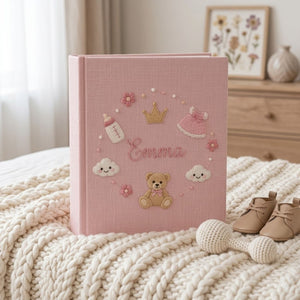 Personalized Baby Photo Album, Hand Embroidered Dinosaur Memory Book, Custom Name Keepsake, Woodland Nursery Gift, Newborn, Baby Shower Gift