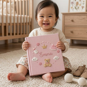 Personalized Baby Photo Album, Hand Embroidered Dinosaur Memory Book, Custom Name Keepsake, Woodland Nursery Gift, Newborn, Baby Shower Gift