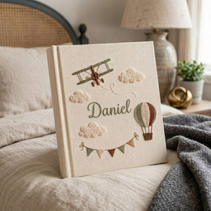 Personalized Baby Photo Album, Hand Embroidered Dinosaur Memory Book, Custom Name Keepsake, Woodland Nursery Gift, Newborn, Baby Shower Gift