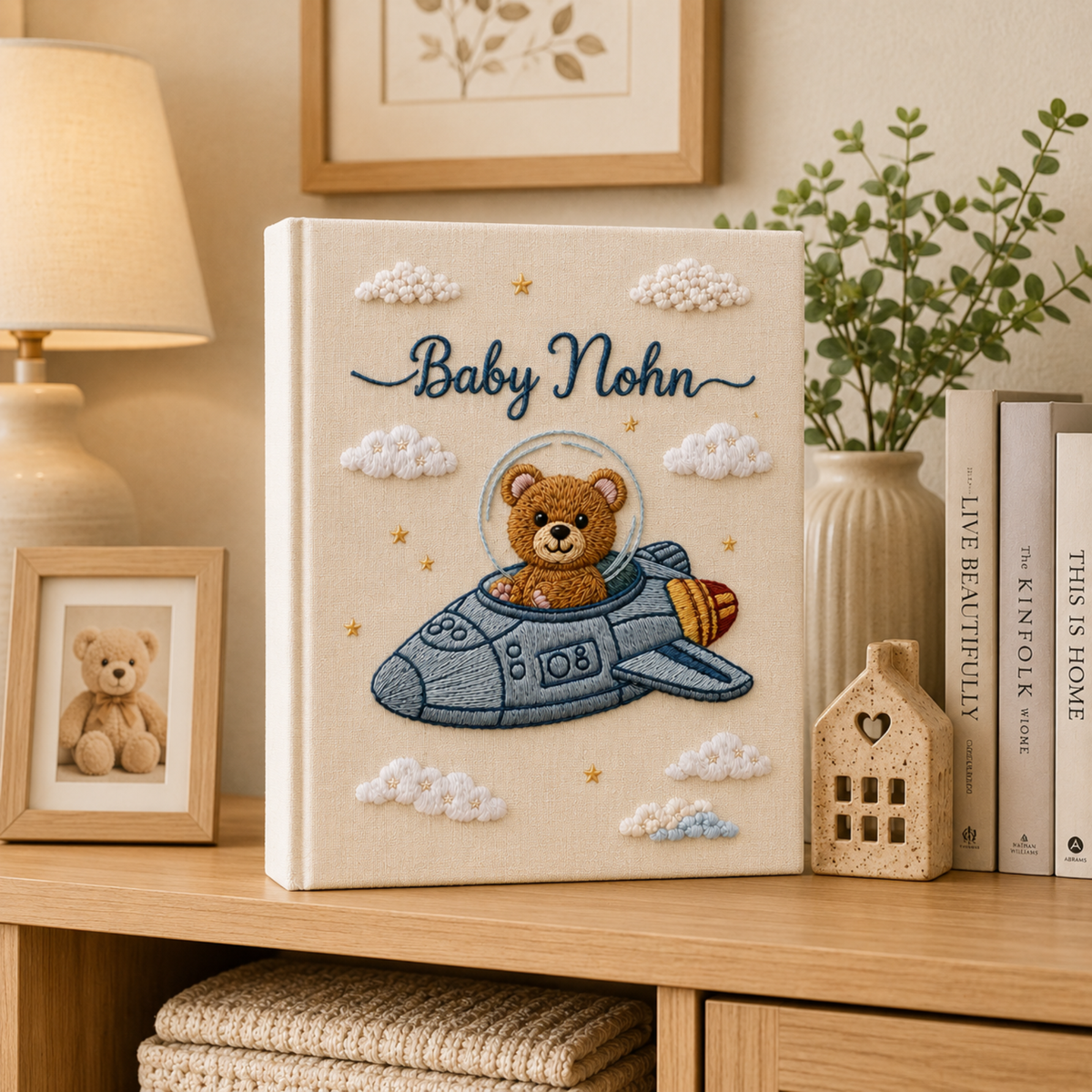 Hand Embroidered Teddy Bear Baby Photo Album, Airplane Teddy Bear Keepsake Book, Custom Name Newborn Memory Book, Nursery Gift