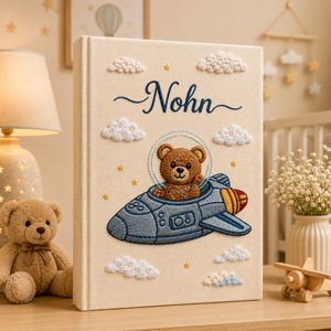 Hand Embroidered Teddy Bear Baby Photo Album, Airplane Teddy Bear Keepsake Book, Custom Name Newborn Memory Book, Nursery Gift