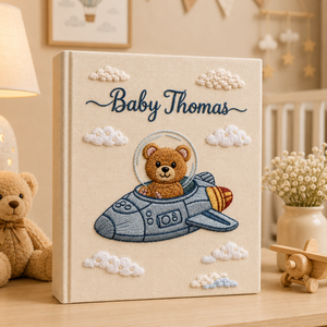 Hand Embroidered Teddy Bear Baby Photo Album, Airplane Teddy Bear Keepsake Book, Custom Name Newborn Memory Book, Nursery Gift