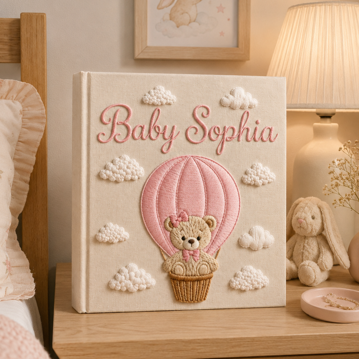 Custom Hand Embroidered Baby Photo Album, Teddy Bear Balloon Linen Memory Book, Baby Album Keepsake, Baby Shower Gift, Girl Nursery Album