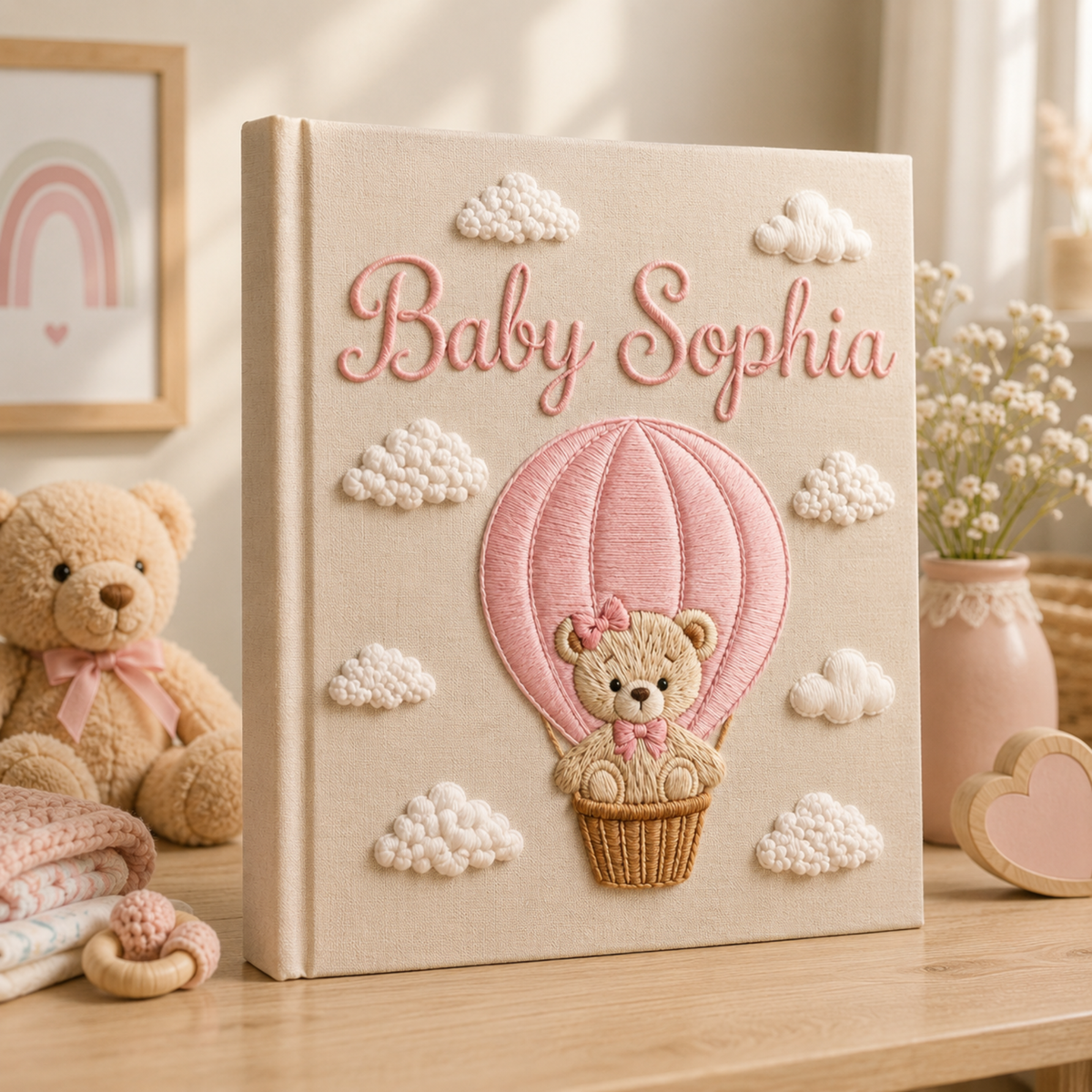 Custom Hand Embroidered Baby Photo Album, Teddy Bear Balloon Linen Memory Book, Baby Album Keepsake, Baby Shower Gift, Girl Nursery Album
