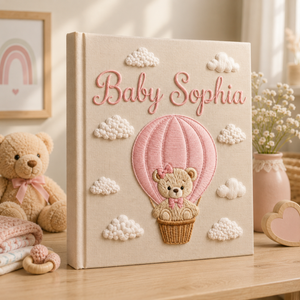 Custom Hand Embroidered Baby Photo Album, Teddy Bear Balloon Linen Memory Book, Baby Album Keepsake, Baby Shower Gift, Girl Nursery Album