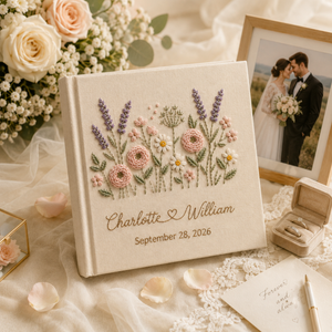 Custom Hand Embroidered Floral Wedding Photo Album, Personalized Wedding Memory Book, Linen Album Anniversary Gift, Couple Keepsake Album