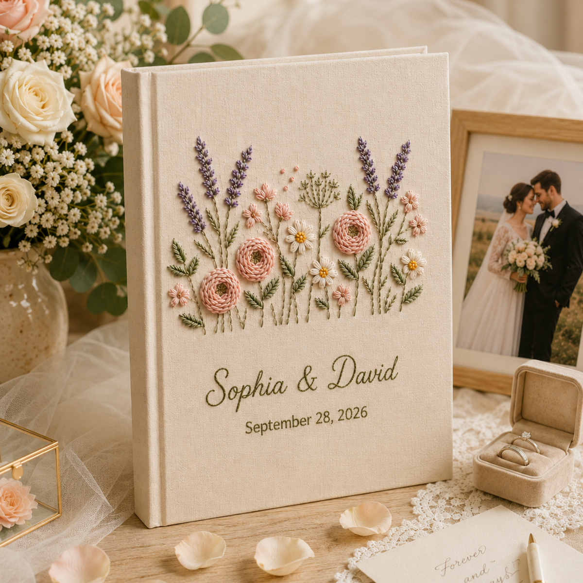 Custom Hand Embroidered Floral Wedding Photo Album, Personalized Wedding Memory Book, Linen Album Anniversary Gift, Couple Keepsake Album