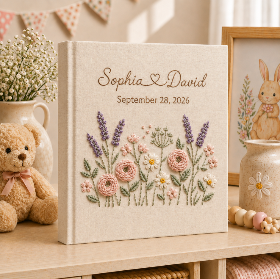 Custom Hand Embroidered Floral Wedding Photo Album, Personalized Wedding Memory Book, Linen Album Anniversary Gift, Couple Keepsake Album