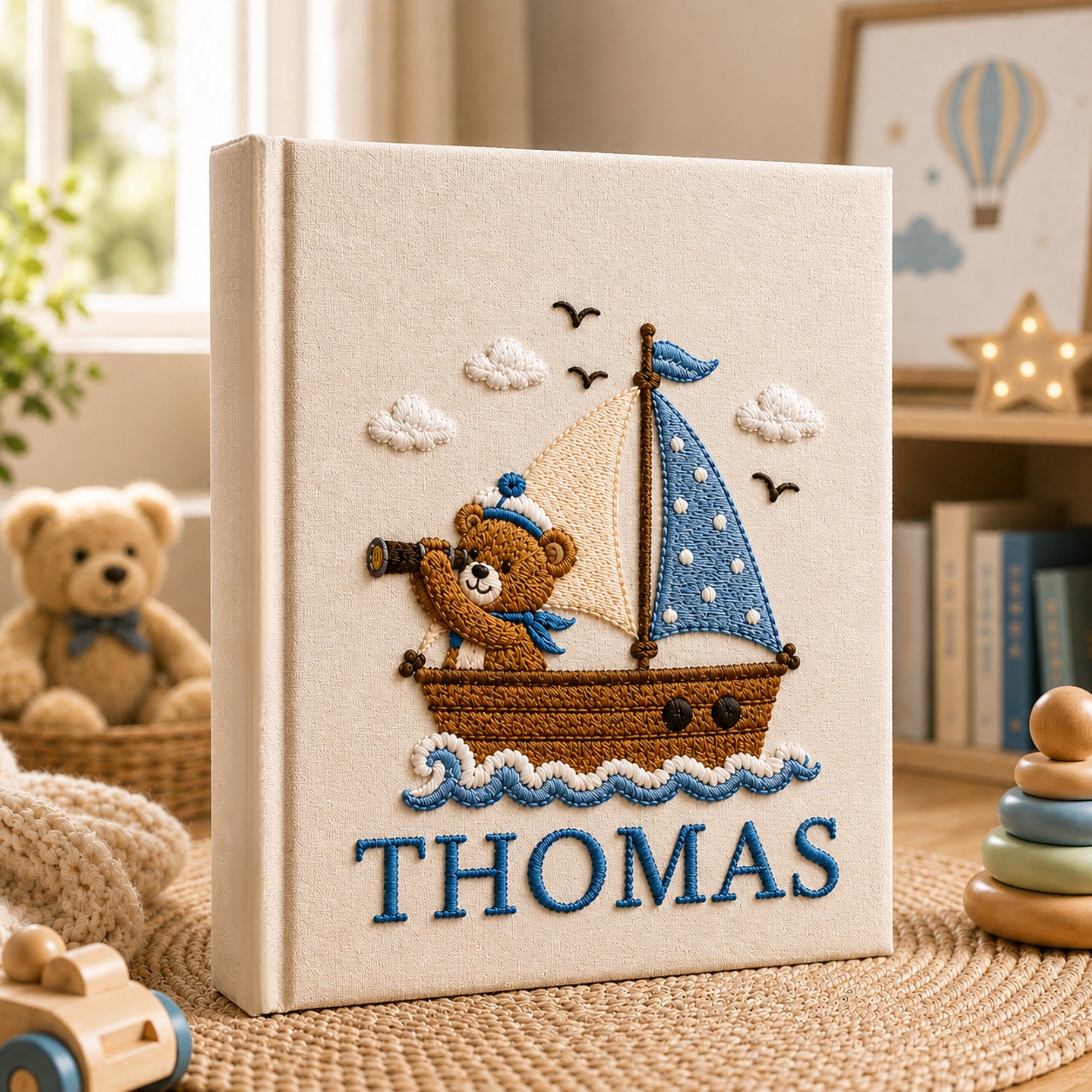 Custom Embroidered Sailor Teddy Bear Baby Photo Album, Embroidered Teddy Bear Name Keepsake Book, Nautical Whale Baby Album,Baby Shower Gift