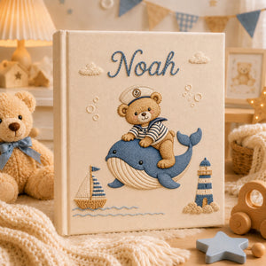 Custom Embroidered Sailor Teddy Bear Baby Photo Album, Embroidered Teddy Bear Name Keepsake Book, Nautical Whale Baby Album,Baby Shower Gift