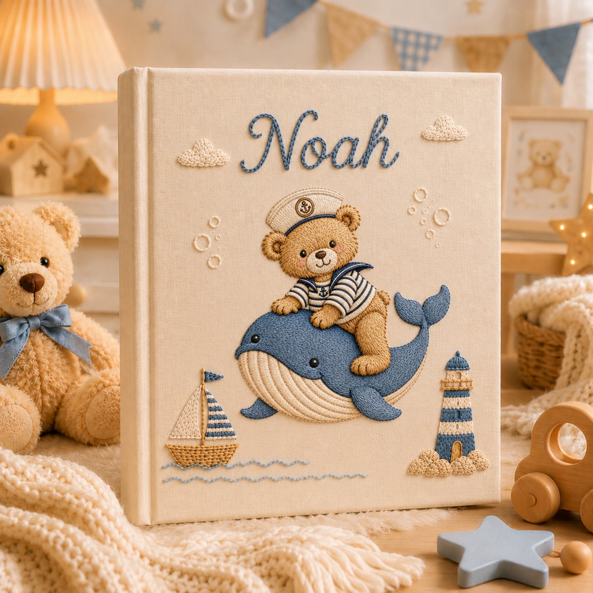 Custom Embroidered Sailor Teddy Bear Baby Photo Album, Embroidered Teddy Bear Name Keepsake Book, Nautical Whale Baby Album,Baby Shower Gift