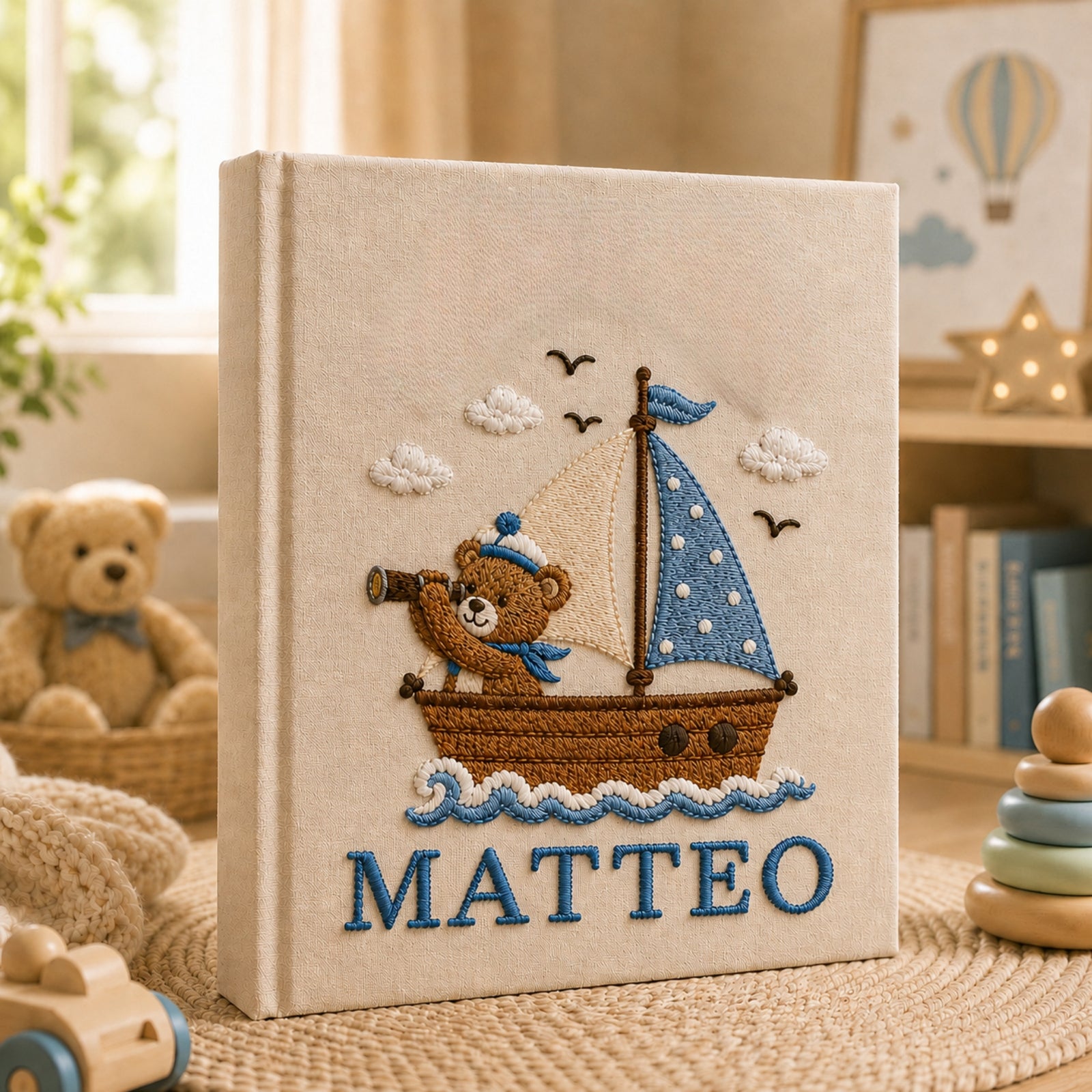 Custom Embroidered Sailor Teddy Bear Baby Photo Album, Embroidered Teddy Bear Name Keepsake Book, Nautical Whale Baby Album,Baby Shower Gift