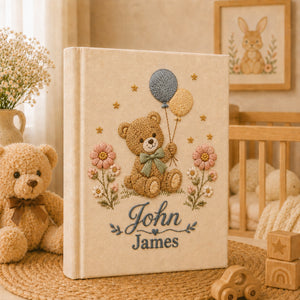 Personalized Teddy Bear Baby Photo Album, Embroidered Bear Floral Balloon Baby Book, Custom Name Newborn Album Keepsake, Baby Shower Gift