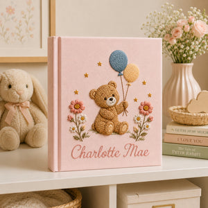 Personalized Floral Teddy Bear Baby Photo Album, Embroidered Bear Floral Balloon Baby Book, Custom Name Newborn Album Keepsake, Baby Shower Gift