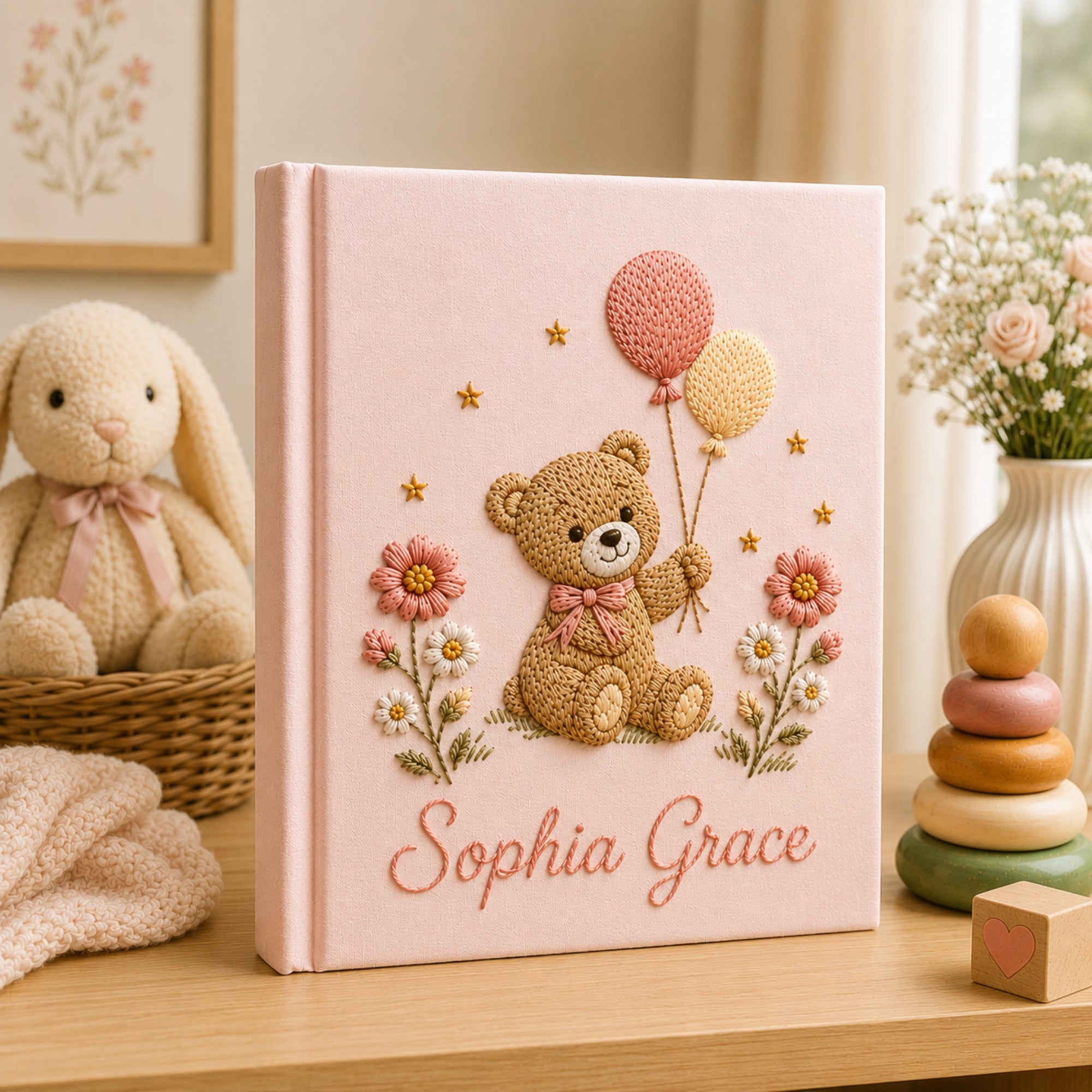 Personalized Floral Teddy Bear Baby Photo Album, Embroidered Bear Floral Balloon Baby Book, Custom Name Newborn Album Keepsake, Baby Shower Gift