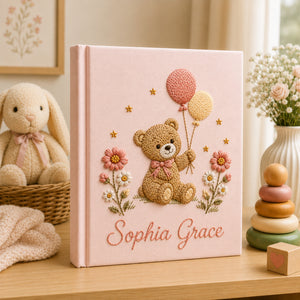 Personalized Floral Teddy Bear Baby Photo Album, Embroidered Bear Floral Balloon Baby Book, Custom Name Newborn Album Keepsake, Baby Shower Gift