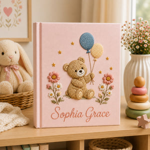 Personalized Floral Teddy Bear Baby Photo Album, Embroidered Bear Floral Balloon Baby Book, Custom Name Newborn Album Keepsake, Baby Shower Gift