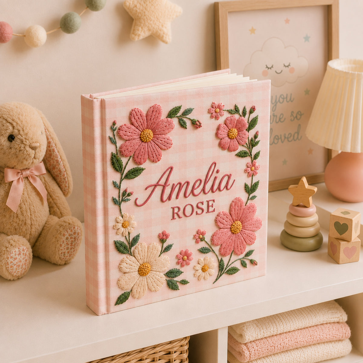 Hand Embroidered Floral Baby Photo Album, Embroidered Wildflower Memory Baby Book, Custom Name Pink Album Keepsake, Newborn Gift