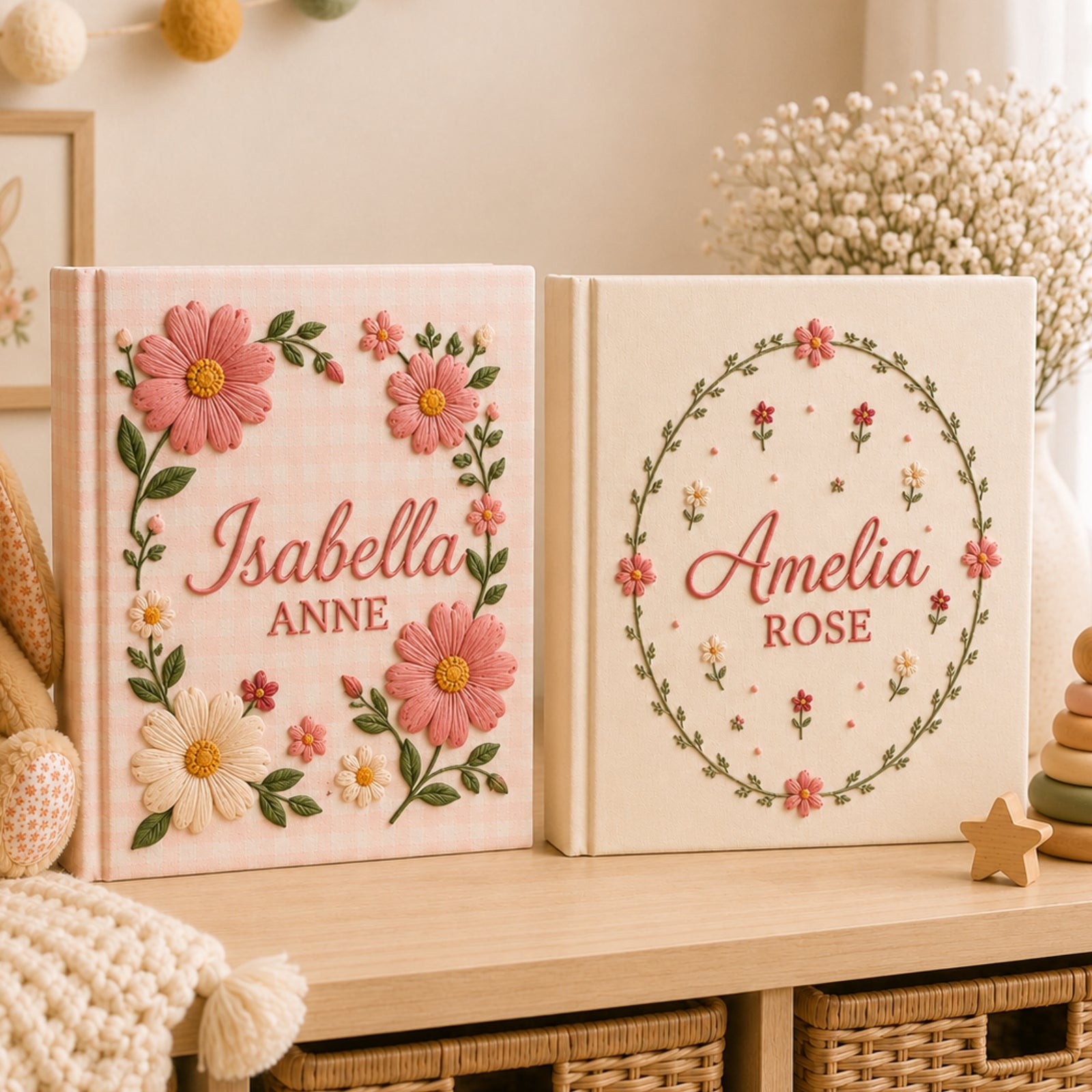 Hand Embroidered Floral Baby Photo Album, Embroidered Wildflower Memory Baby Book, Custom Name Pink Album Keepsake, Newborn Gift