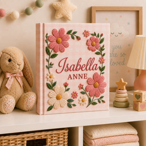 Hand Embroidered Floral Baby Photo Album, Embroidered Wildflower Memory Baby Book, Custom Name Pink Album Keepsake, Newborn Gift