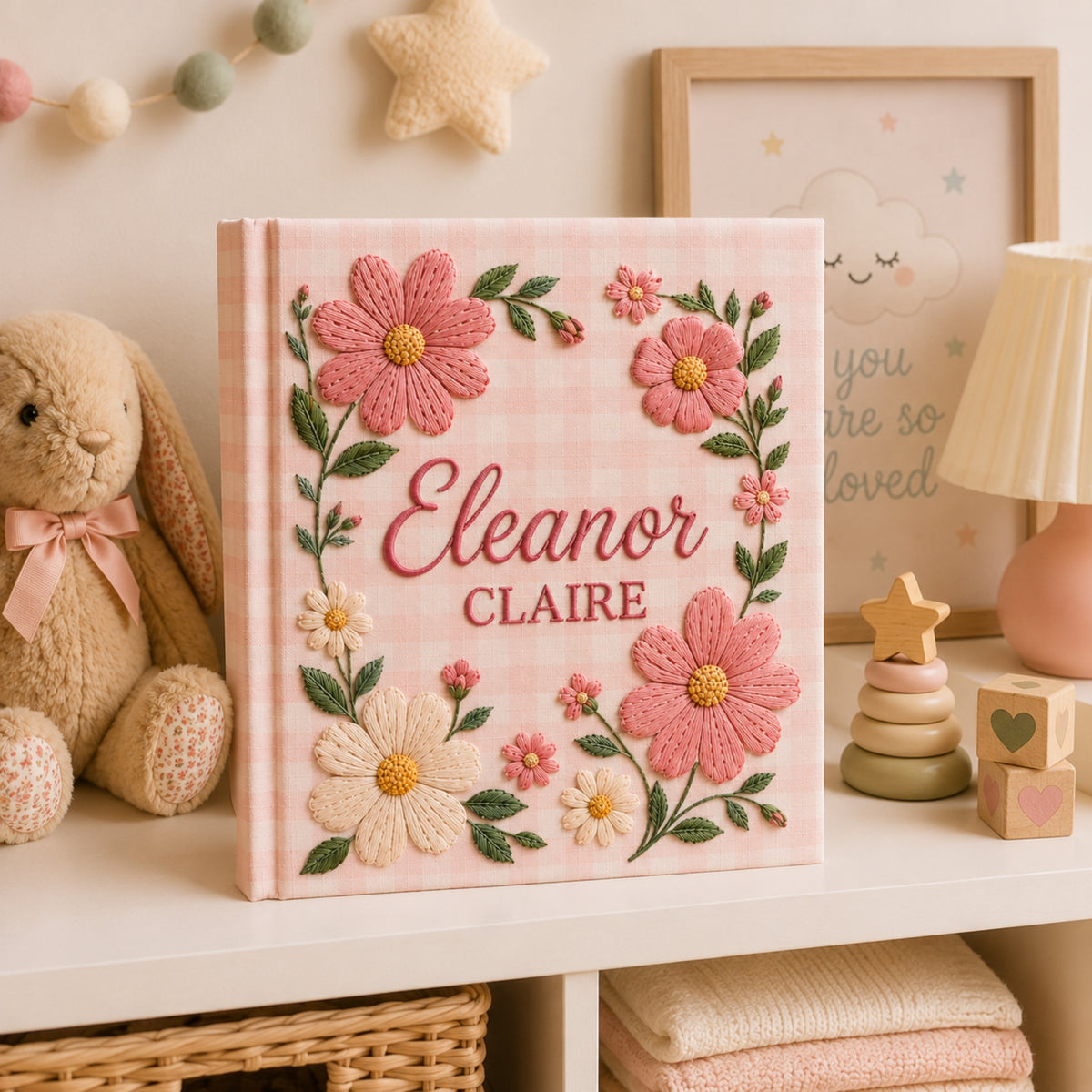 Hand Embroidered Floral Baby Photo Album, Embroidered Wildflower Memory Baby Book, Custom Name Pink Album Keepsake, Newborn Gift