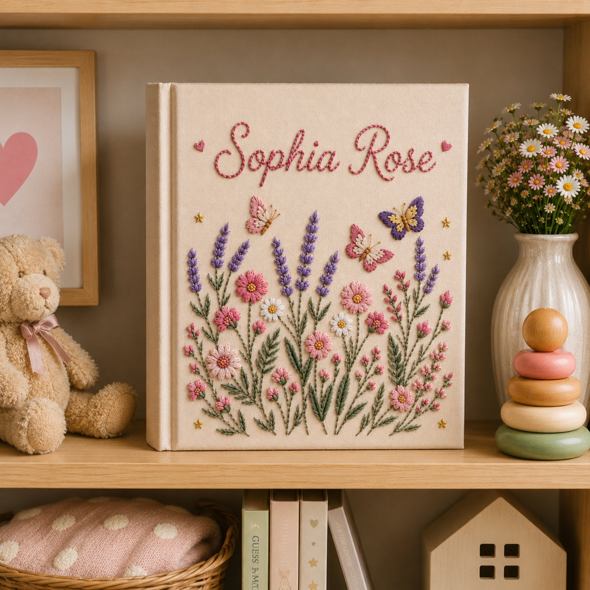 Personalized Wildflower Embroidered Baby Photo Album, Custom Name Floral Memory Book, Butterfly Newborn Album Keepsake, Baby Shower Gift