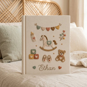 Personalized Baby Photo Album, Hand Embroidered Dinosaur Memory Book, Custom Name Keepsake, Woodland Nursery Gift, Newborn, Baby Shower Gift