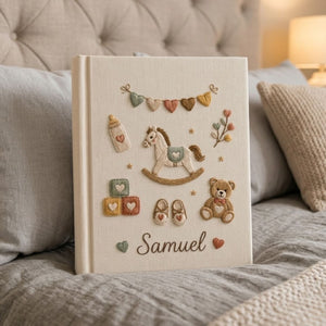 Personalized Baby Photo Album, Hand Embroidered Dinosaur Memory Book, Custom Name Keepsake, Woodland Nursery Gift, Newborn, Baby Shower Gift