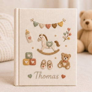 Personalized Baby Photo Album, Hand Embroidered Dinosaur Memory Book, Custom Name Keepsake, Woodland Nursery Gift, Newborn, Baby Shower Gift