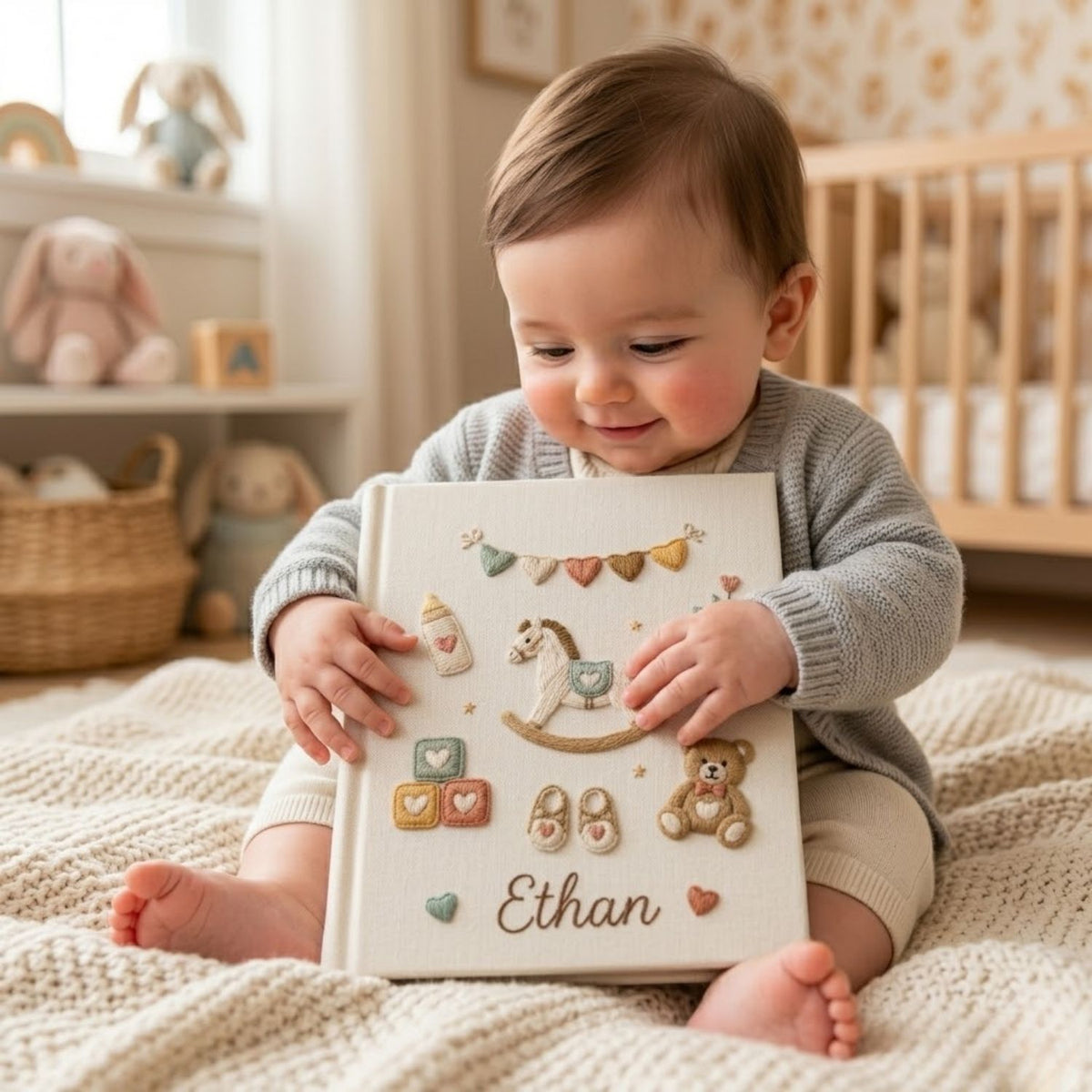 Personalized Baby Photo Album, Hand Embroidered Dinosaur Memory Book, Custom Name Keepsake, Woodland Nursery Gift, Newborn, Baby Shower Gift