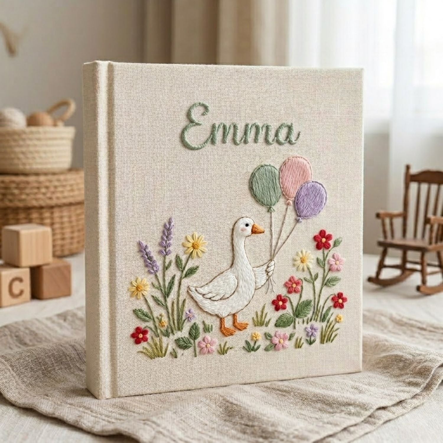 Personalized Baby Photo Album, Hand Embroidered Dinosaur Memory Book, Custom Name Keepsake, Woodland Nursery Gift, Newborn, Baby Shower Gift