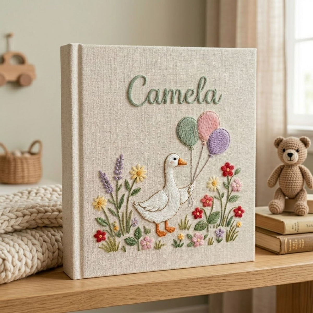 Personalized Baby Photo Album, Hand Embroidered Dinosaur Memory Book, Custom Name Keepsake, Woodland Nursery Gift, Newborn, Baby Shower Gift