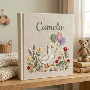 Personalized Baby Photo Album, Hand Embroidered Dinosaur Memory Book, Custom Name Keepsake, Woodland Nursery Gift, Newborn, Baby Shower Gift