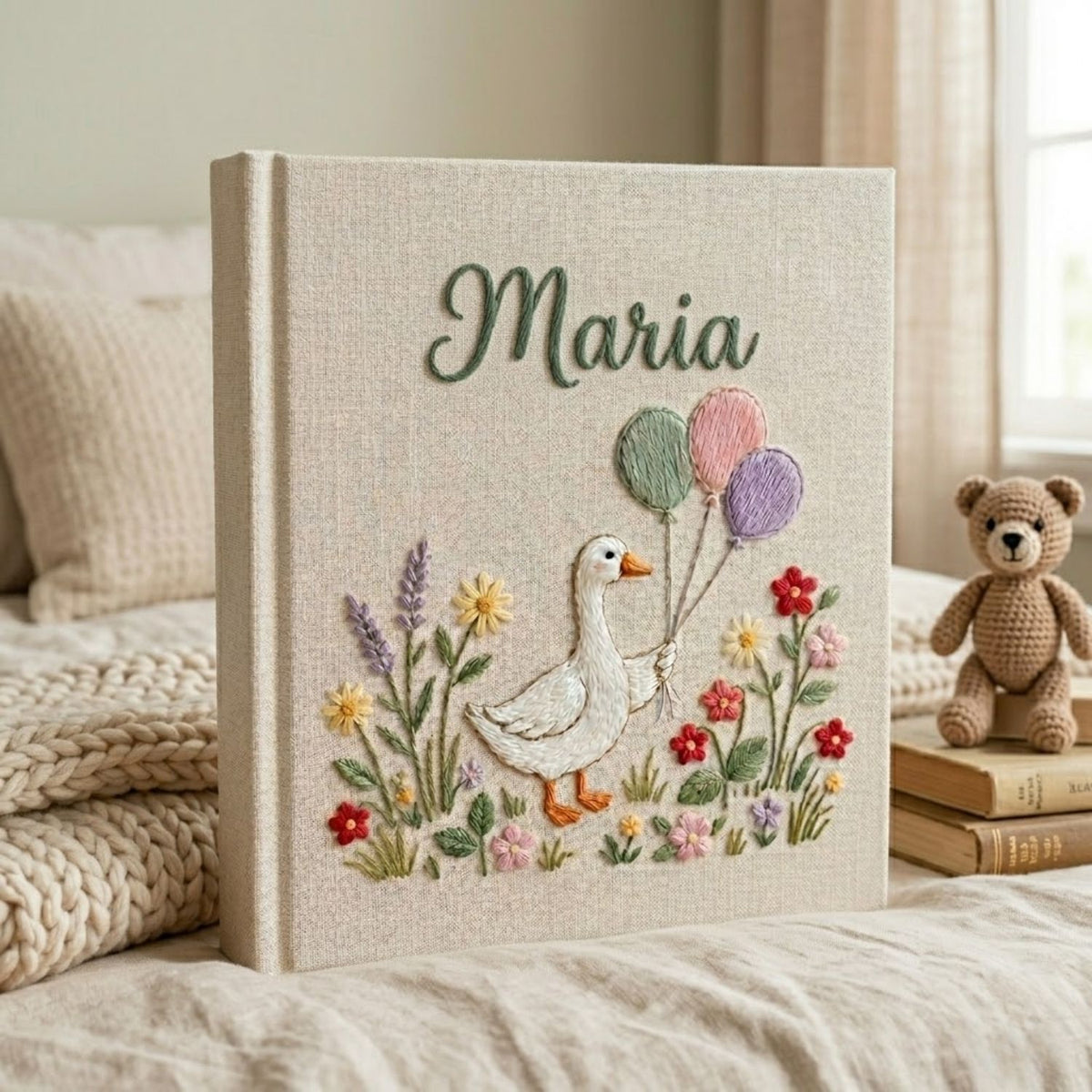 Personalized Baby Photo Album, Hand Embroidered Dinosaur Memory Book, Custom Name Keepsake, Woodland Nursery Gift, Newborn, Baby Shower Gift