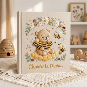 Personalized Teddy Bear Embroidered Baby Photo Album, Bee Nursery Theme Honey Bear Keepsake, Custom Name Baby Girl Memory Book Gift